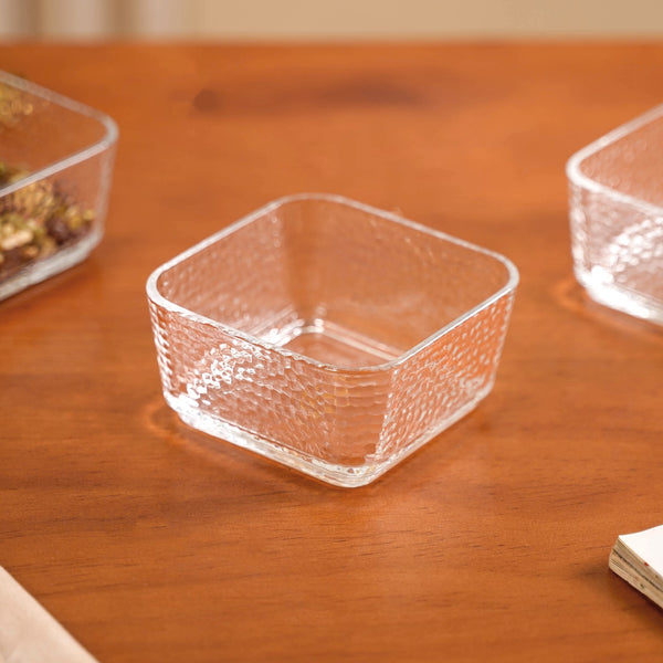 Set Of 4 Glass Bowls Square Textured 300ml