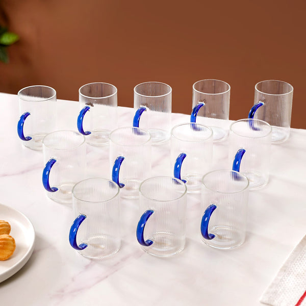 Set Of 12 Glass Tea Cups With Blue Handle 200ml