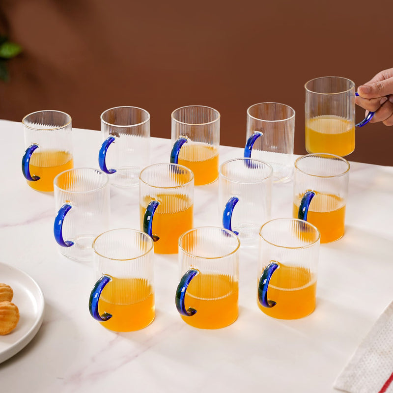 Set Of 12 Glass Tea Cups With Blue Coloured Handle 200ml