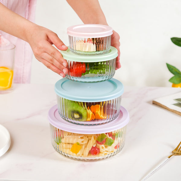 Set Of 4 Round Fluted Glass Food Storage Container With Lid