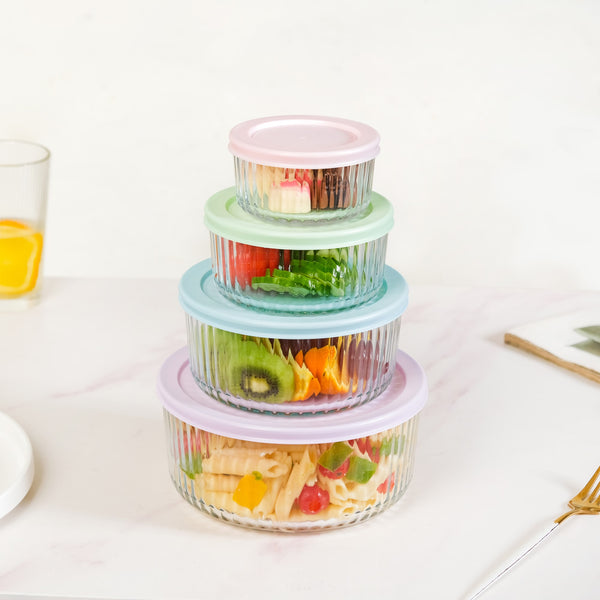 Set Of 4 Round Fluted Glass Food Storage Container With Lid