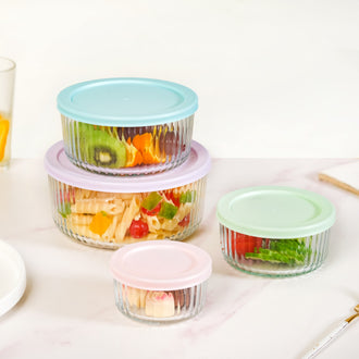 Set Of 4 Round Fluted Glass Food Storage Container With Lid