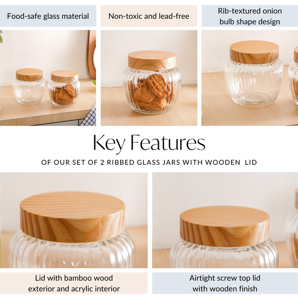 Set of 2 Glass Jars With Wooden Lid 1600ml