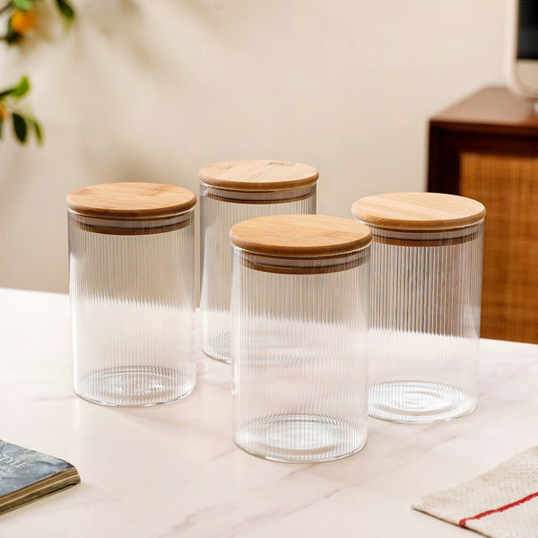 Set Of 4 Airtight Borosilicate Glass Jar With Fluted Design 1100ml