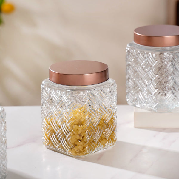 Set Of 4 Textured Glass Jars With Basket Weave 1600ml
