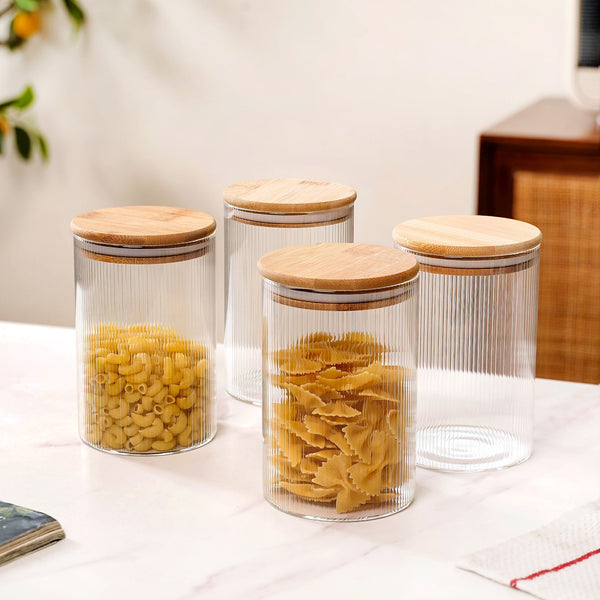 Set Of 4 Airtight Borosilicate Glass Jar With Fluted Design 1100ml