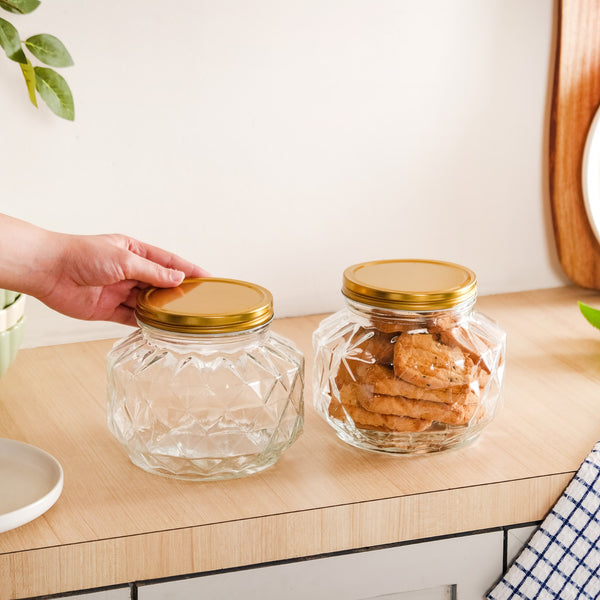 Diamond Airtight Glass Kitchen Jar Set Of 2 For Cookies Snacks 1800ml