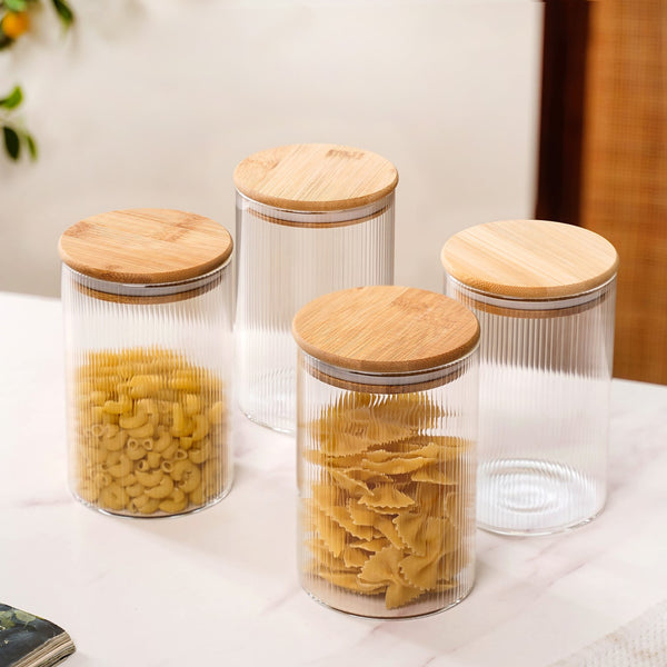 Set Of 4 Airtight Borosilicate Glass Jar With Fluted Design 1100ml