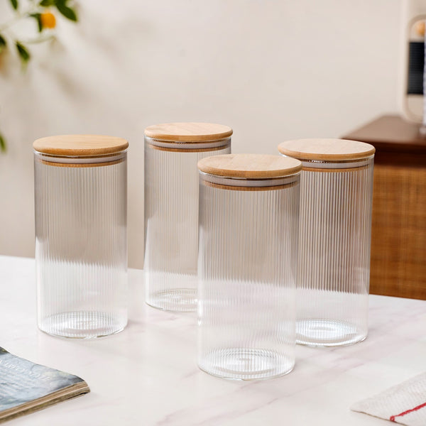 Set Of 4 Tall Fluted Borosilicate Airtight Glass Jar 1500ml