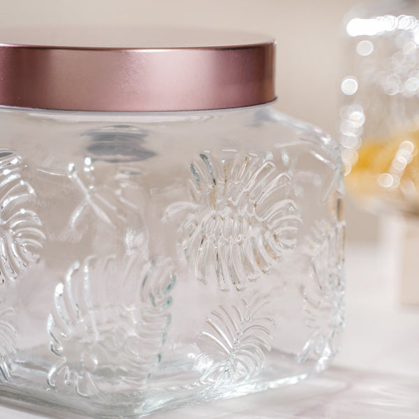 Set Of 4 Monstera Leaf Glass Jar With Rose Gold Lid 1500ml