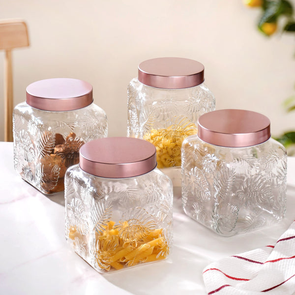 Set Of 4 Tropical Leaf Glass Airtight Jars With Lid 2 L