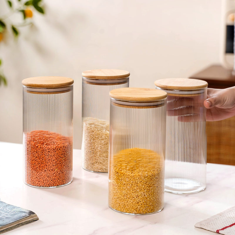 Set Of 4 Tall Ribbed Borosilicate Airtight Glass Jar 1500ml