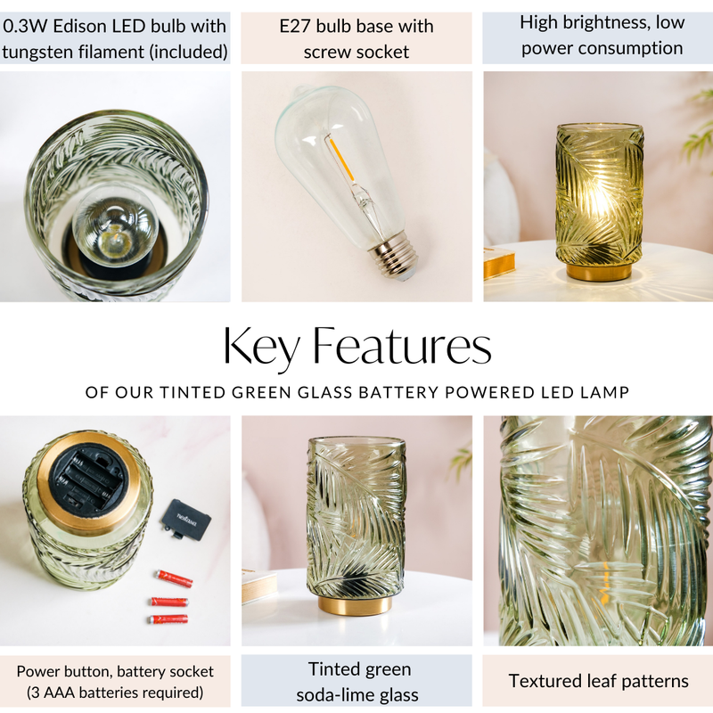 Tinted Green Glass Battery Powered LED Lamp