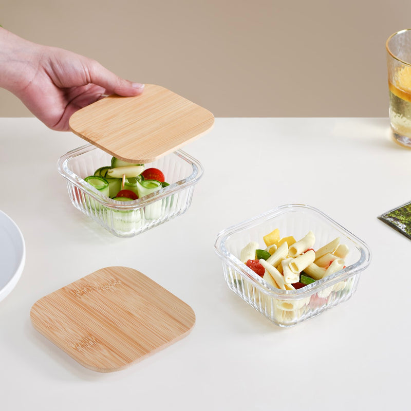 Set Of 2 Glass Tiffin Box With Bamboo Lid 300ml