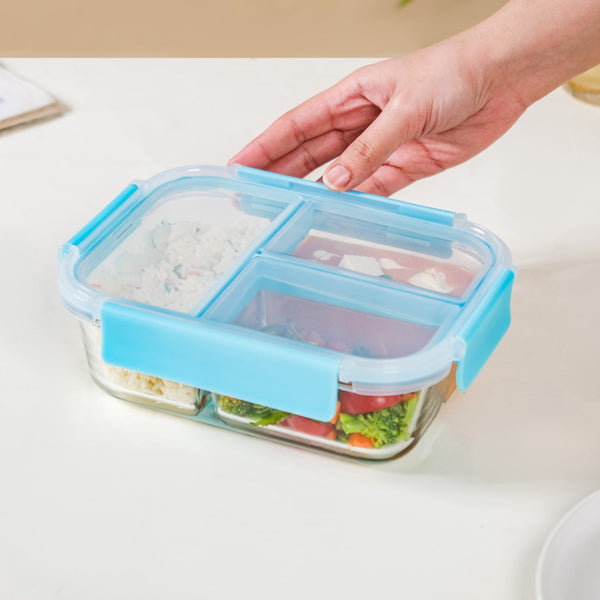 Sealed Three Compartment Glass Container Lunchbox 1000ml