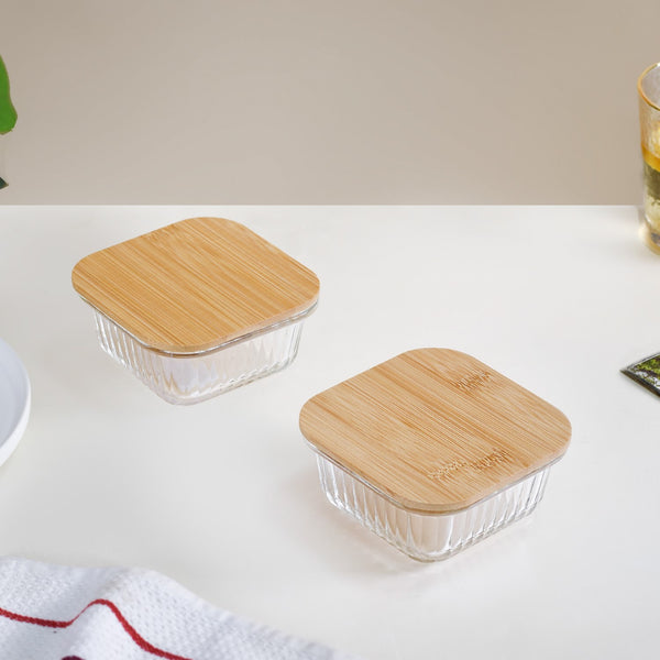 Set Of 2 Glass Tiffin Box With Bamboo Lid 300ml