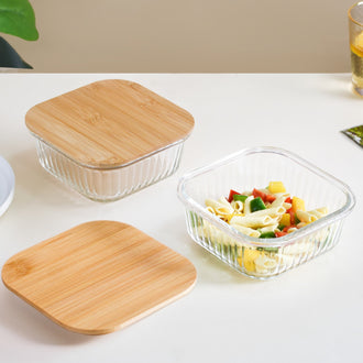 Large Airtight Glass Storage Container With Wooden Lid Set Of 2 800ml