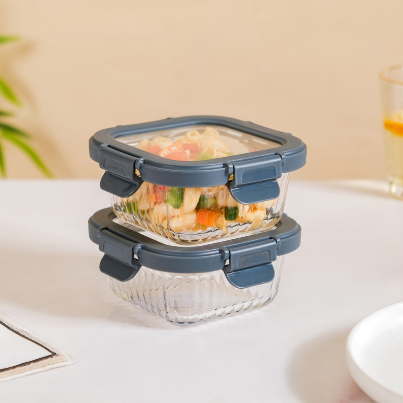 Square Airtight Microwave Safe Glass Lunch Box Set Of 2 300ml