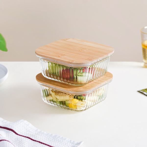 Large Airtight Glass Storage Container With Wooden Lid Set Of 2 800ml
