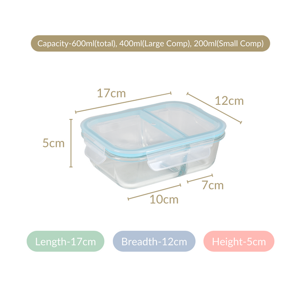 Microwave Safe Two Compartment Glass Lunch Box 600ml