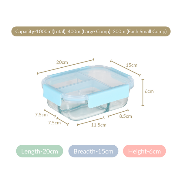 Sealed Three Compartment Glass Container Lunchbox 1000ml