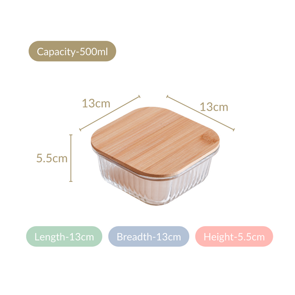 Fluted Glass Container With Bamboo Lid Medium Set Of 2 500ml