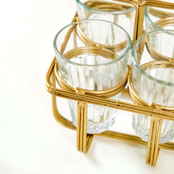 Cutting Chai Glass Tea Cup Set Of 4 With Golden Metal Stand