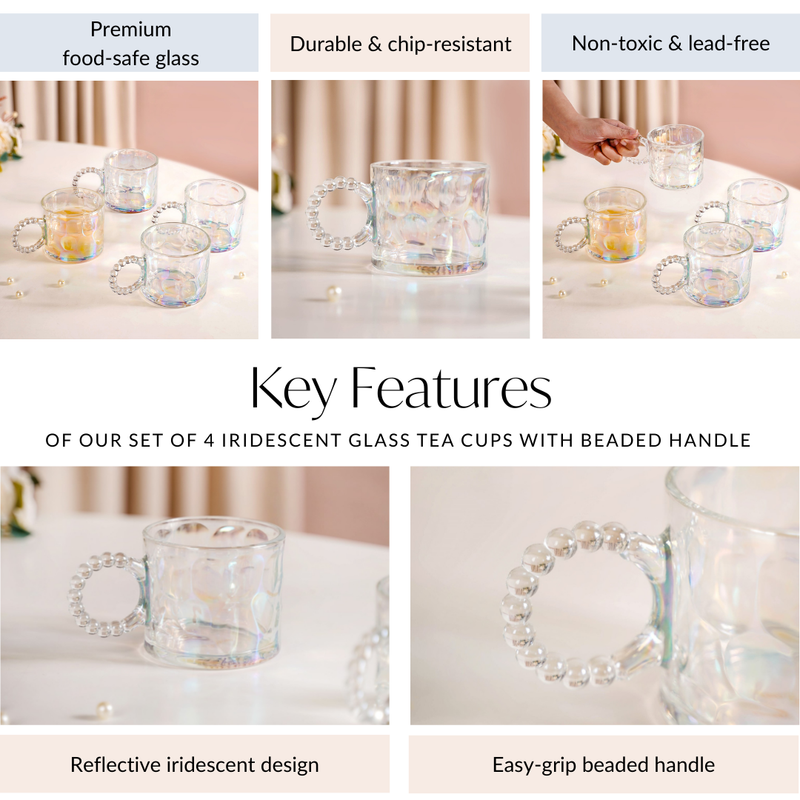 Set Of 4 Iridescent Glass Tea Cups With Beaded Handle 325ml