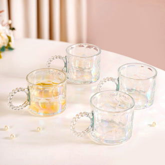 Set Of 4 Iridescent Glass Tea Cups With Beaded Handle 325ml