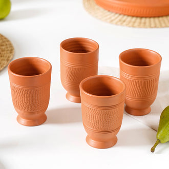 Footed Terracotta Clay Glasses Set Of 4 300ml