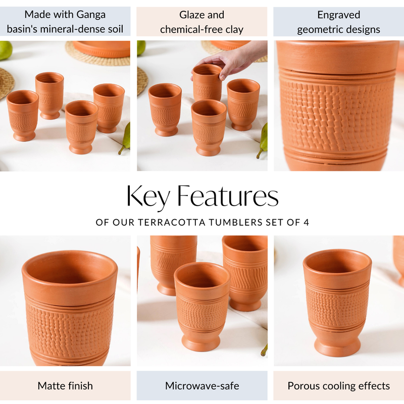 Footed Terracotta Clay Glasses Set Of 4 300ml