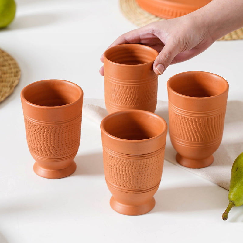 Footed Terracotta Clay Glasses Set Of 4 300ml