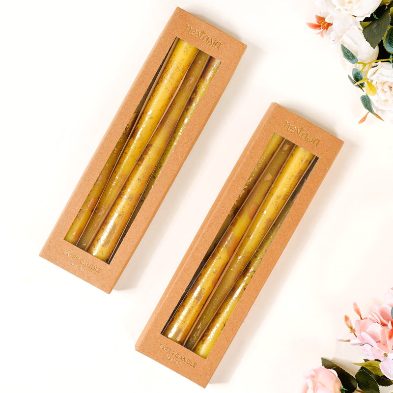 Gold Foil Candles Yellow Set Of 8 - Lemon Yellow Gold Laminate Candles, Lemon Yellow Candles, Gold Laminate Candle Set, Decorative Yellow Candles