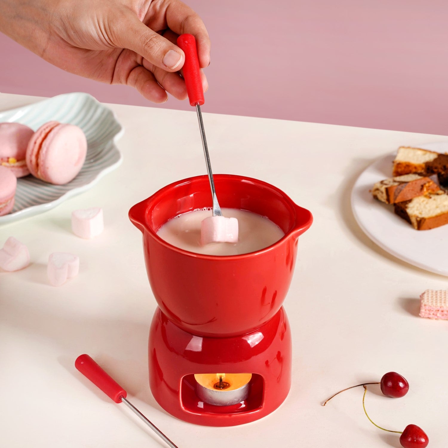 Red Mini Fondue Set With Dipping Forks And Tealight Holder