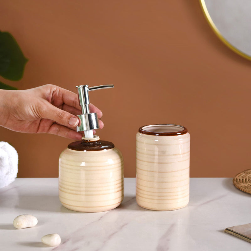 Contemporary Stoneware Bath Set Of 2 Beige And Brown