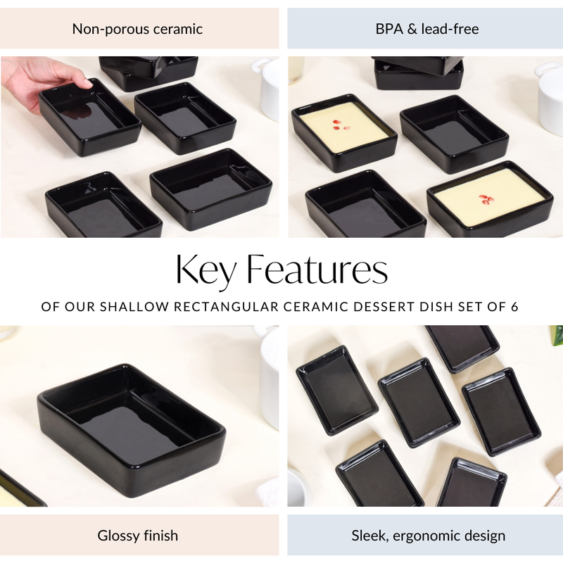 Shallow Rectangular Ceramic Dessert Dish Set Of 6 Black - Dessert dishes, dessert plates, dessert plates set
