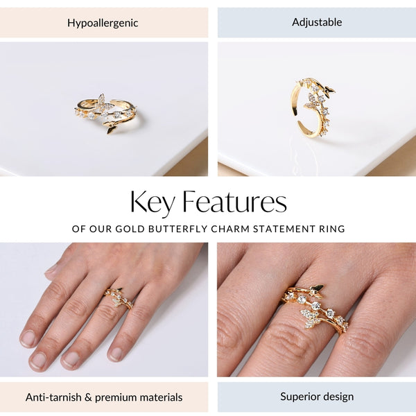 Gold Butterfly Charm Statement Ring