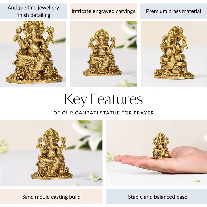 Ganpati Statue With Temple Jewellery Finish 5cm - Ganpati Statue, 5cm Ganpati Idol, Decorative Ganesh Statue, Brass Ganpati with Jewelry
