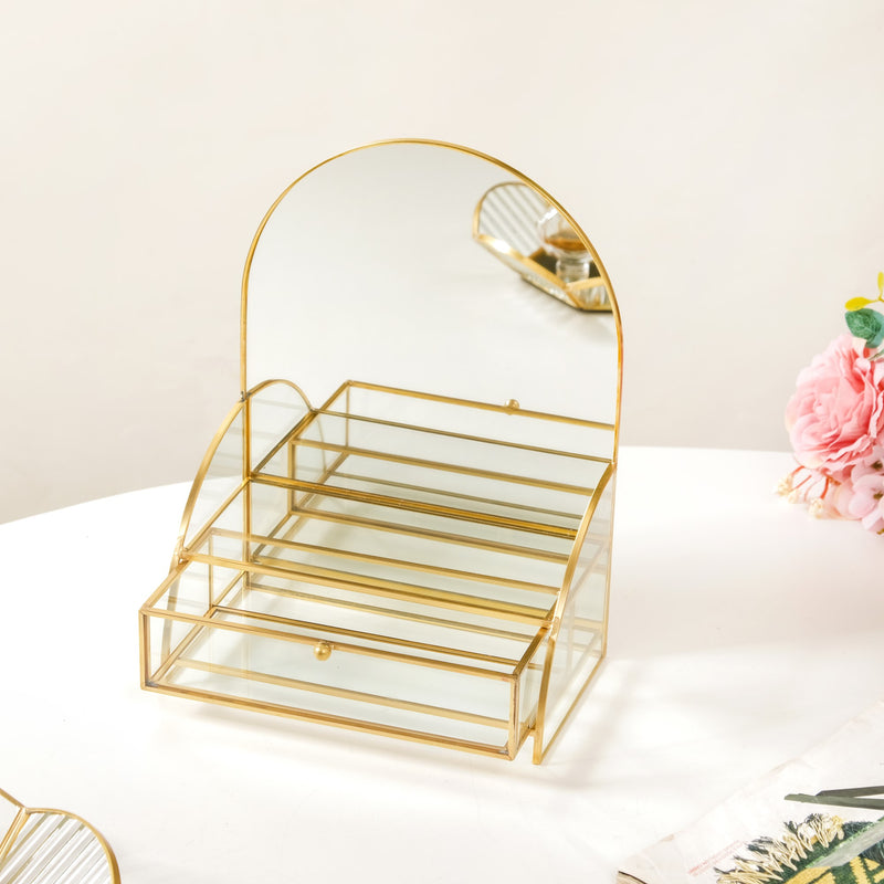 Dressing Table Mirror With Jewellery Box Drawer - Vanity table with mirror, makeup dressing table, luxury mirrored jewelry box, glass storage box