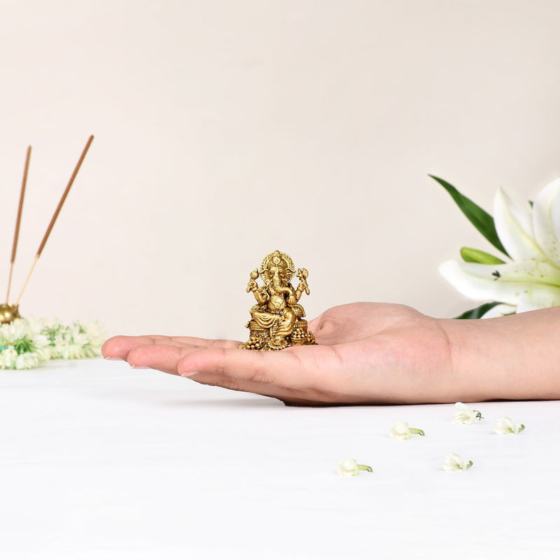 Ganpati Statue With Temple Jewellery Finish 5cm - Ganpati Statue, 5cm Ganpati Idol, Decorative Ganesh Statue, Brass Ganpati with Jewelry