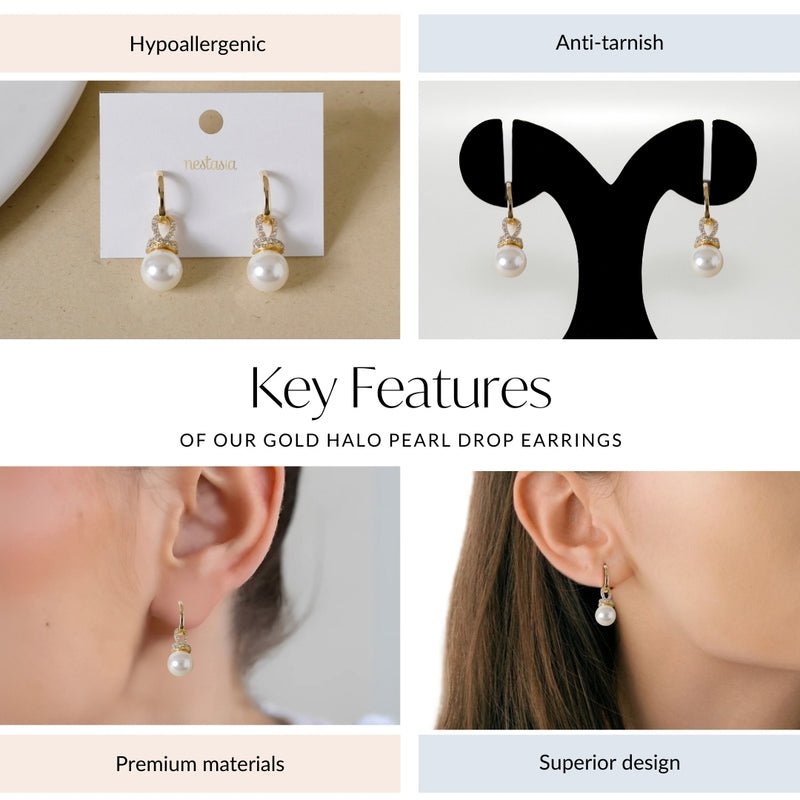 Gold Halo Pearl Drop Earrings