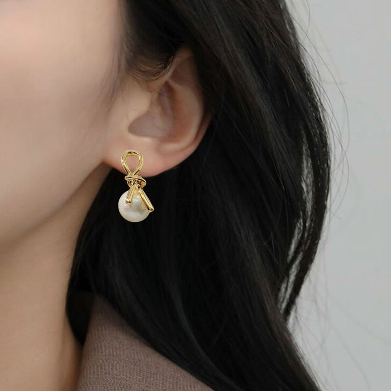 Gold Knot Lustrous Pearl Drop Earrings
