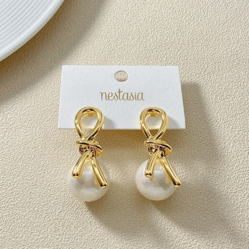 Gold Knot Lustrous Pearl Drop Earrings