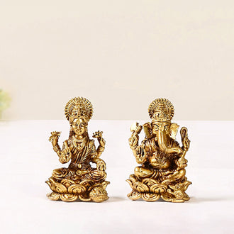 Laxmi And Ganpati Pure Brass Idol Set Of 2 4cm