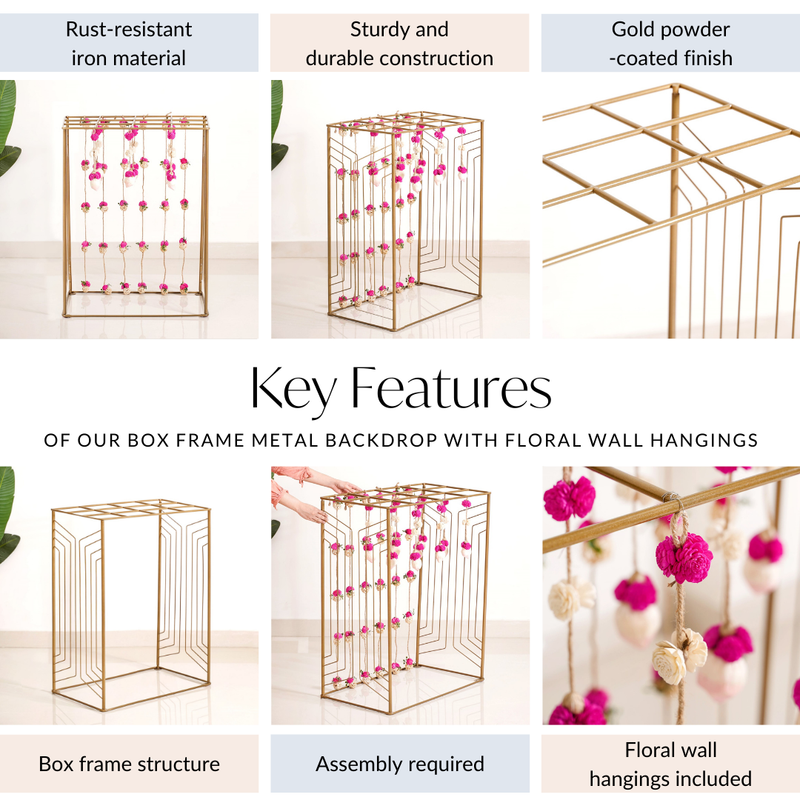 Box Frame Metal Backdrop With Floral Wall Hangings