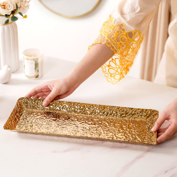 Gold Rectangular Metal Long Tray 16x6 Inch