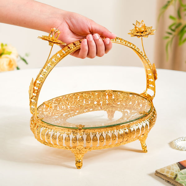 Gold Decorative Tray With Floral Metal Frame