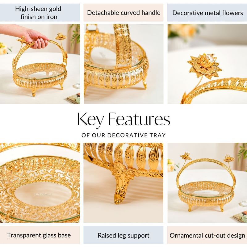 Gold Vanity Tray With Floral Metal Frame