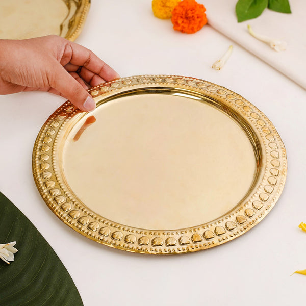 Veda Pure Brass Round Tray With Embossed Design 26cm