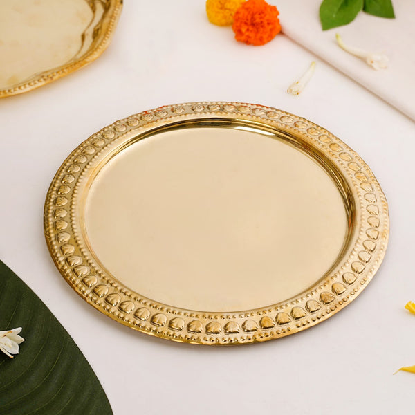 Veda Pure Brass Round Tray With Embossed Design 26cm